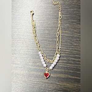 Elegant Double Chain Link & Feau Pearl Gold Tone and Red Heart Bracelet